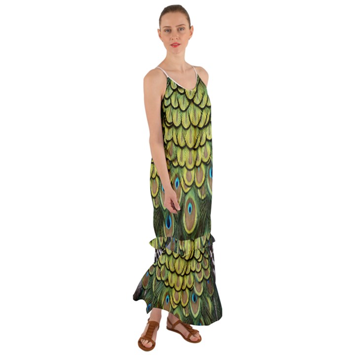 Peacock Feathers Peacock Bird Cami Maxi Ruffle Chiffon Dress