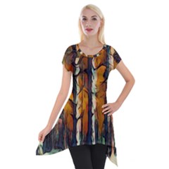 Forest Woods Trees Night Shadows Short Sleeve Side Drop Tunic by Pakrebo