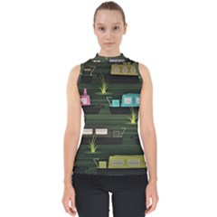 Narrow Boats Scene Pattern Mock Neck Shell Top by Pakrebo