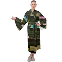 Narrow Boats Scene Pattern Maxi Tie Front Velour Kimono