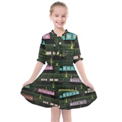 Narrow Boats Scene Pattern Kids  All Frills Chiffon Dress