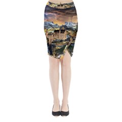 Castle Fantasy Landscape Stormy Midi Wrap Pencil Skirt by Pakrebo