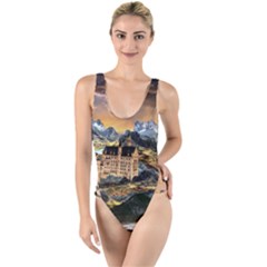 Castle Fantasy Landscape Stormy High Leg Strappy Swimsuit by Pakrebo