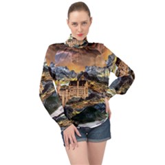 Castle Fantasy Landscape Stormy High Neck Long Sleeve Chiffon Top