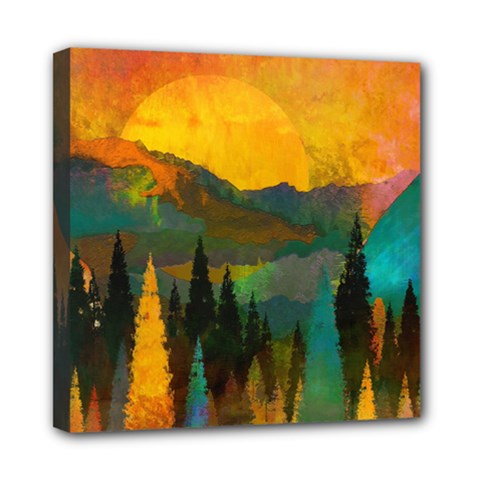 Trees Mountains Sun Sunrise Warm Mini Canvas 8  X 8  (stretched) by Pakrebo