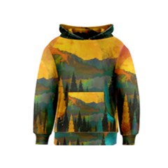 Trees Mountains Sun Sunrise Warm Kids  Pullover Hoodie by Pakrebo