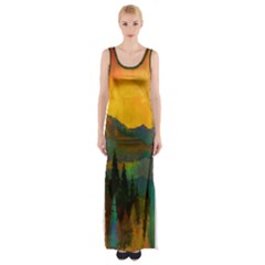 Trees Mountains Sun Sunrise Warm Thigh Split Maxi Dress by Pakrebo