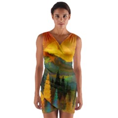 Trees Mountains Sun Sunrise Warm Wrap Front Bodycon Dress by Pakrebo