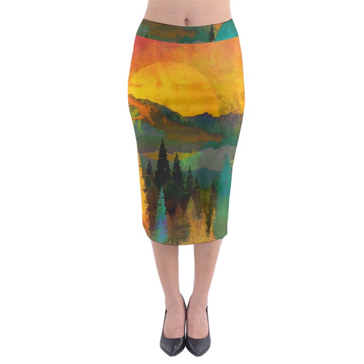 Trees Mountains Sun Sunrise Warm Midi Pencil Skirt