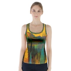 Trees Mountains Sun Sunrise Warm Racer Back Sports Top by Pakrebo