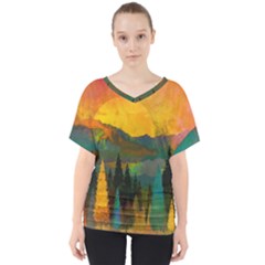 Trees Mountains Sun Sunrise Warm V-neck Dolman Drape Top by Pakrebo