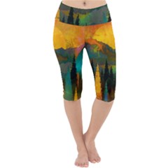 Trees Mountains Sun Sunrise Warm Lightweight Velour Cropped Yoga Leggings by Pakrebo