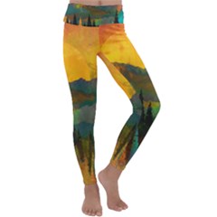 Trees Mountains Sun Sunrise Warm Kids  Lightweight Velour Classic Yoga Leggings by Pakrebo