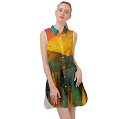 Trees Mountains Sun Sunrise Warm Sleeveless Shirt Dress by Pakrebo