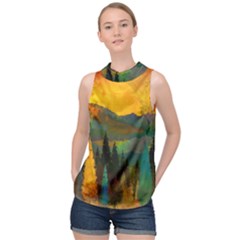 Trees Mountains Sun Sunrise Warm High Neck Satin Top