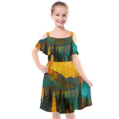 Trees Mountains Sun Sunrise Warm Kids  Cut Out Shoulders Chiffon Dress by Pakrebo