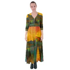 Trees Mountains Sun Sunrise Warm Button Up Maxi Dress