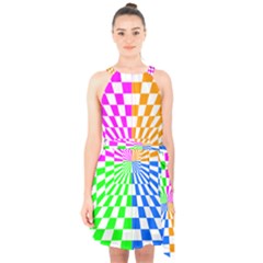 Checkerboard Again 8 Halter Collar Waist Tie Chiffon Dress