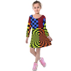 Checkerboard Again 7 Kids  Long Sleeve Velvet Dress