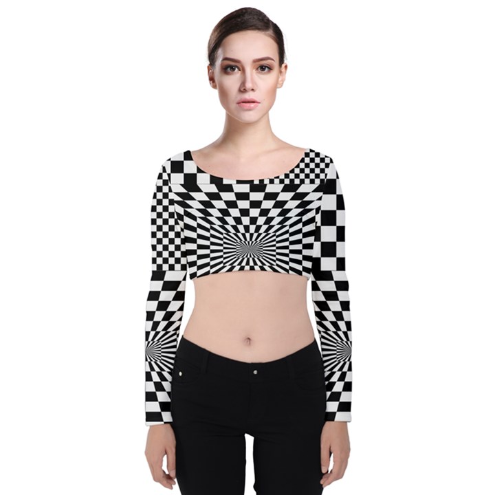 Checkerboard Again 6 Velvet Long Sleeve Crop Top