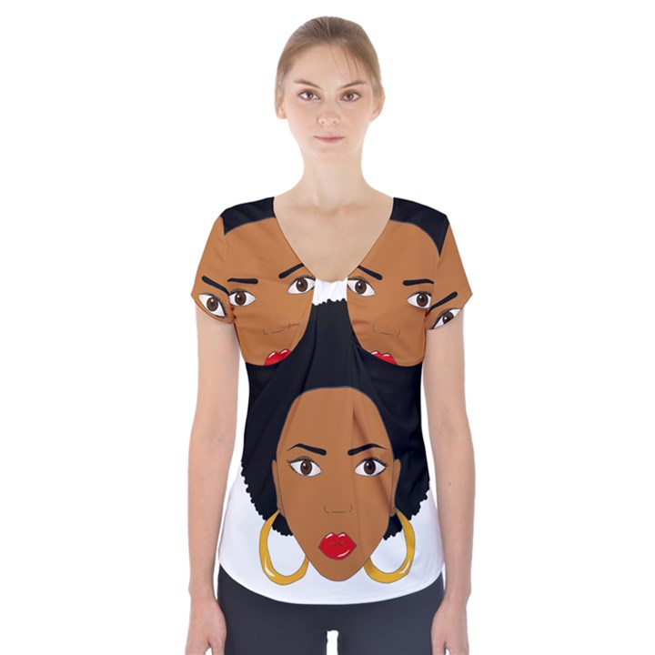 African American woman with сurly hair Short Sleeve Front Detail Top