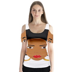 African American Woman With ?urly Hair Butterfly Sleeve Cutout Tee 