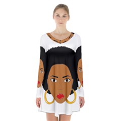 African American Woman With ?urly Hair Long Sleeve Velvet V-neck Dress by bumblebamboo