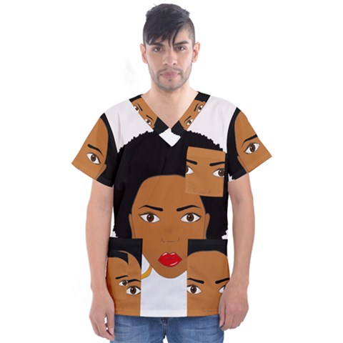 African American Woman With ?urly Hair Men s V-neck Scrub Top by bumblebamboo