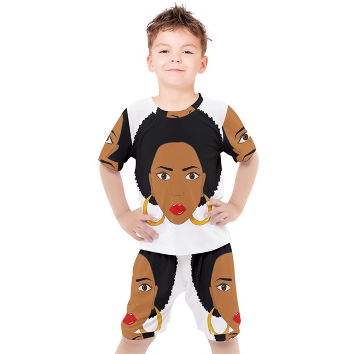 African American woman with сurly hair Kids  Tee and Shorts Set