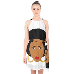 African American Woman With ?urly Hair Halter Collar Waist Tie Chiffon Dress by bumblebamboo