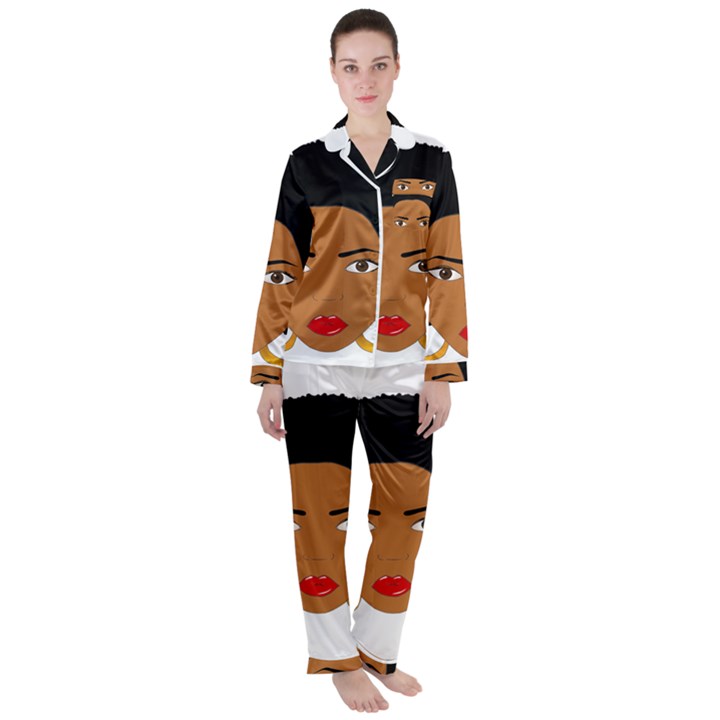 African American woman with сurly hair Satin Long Sleeve Pyjamas Set