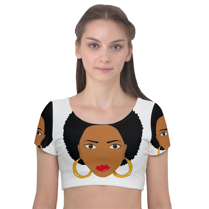 African American woman with сurly hair Velvet Short Sleeve Crop Top 