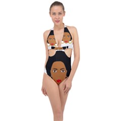 African American Woman With ?urly Hair Halter Front Plunge Swimsuit by bumblebamboo