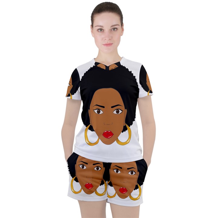 African American woman with сurly hair Women s Tee and Shorts Set