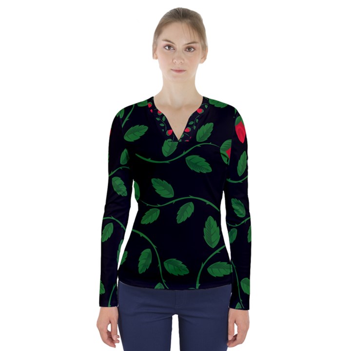 Roses Flowers Spring Flower Nature V-Neck Long Sleeve Top