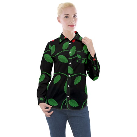 Roses Flowers Spring Flower Nature Women s Long Sleeve Pocket Shirt by Pakrebo