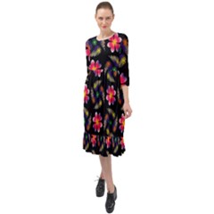 Pattern Flowers Wallpaper Ruffle End Midi Chiffon Dress