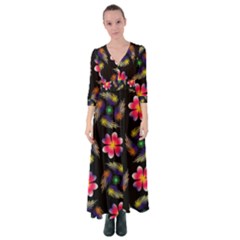 Pattern Flowers Wallpaper Button Up Maxi Dress