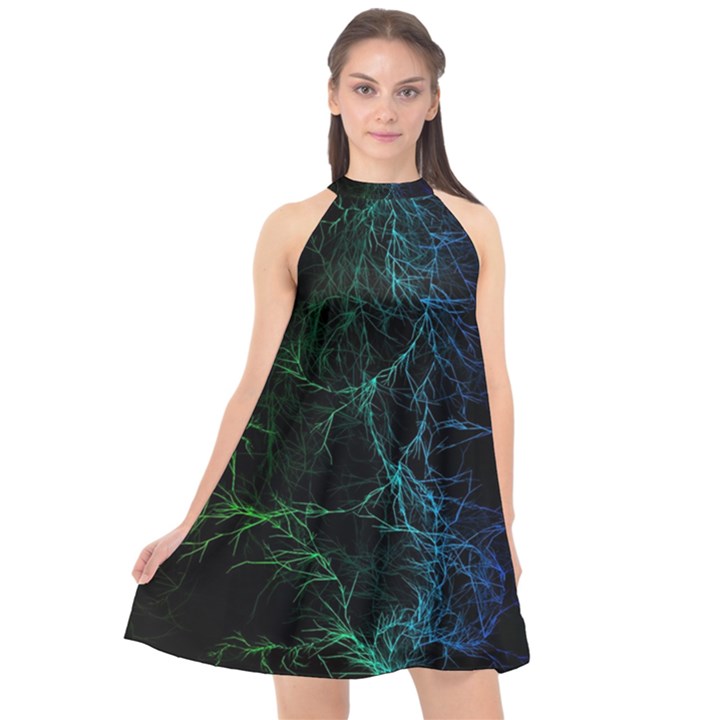 Fractal Lines Wallpaper Backdrop Halter Neckline Chiffon Dress 