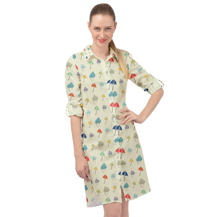 Clouds And Umbrellas Seasons Pattern Long Sleeve Mini Shirt Dress