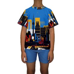 Architecture City House Window Kids  Short Sleeve Swimwear by Pakrebo