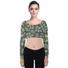 Flowers Pattern Spring Green Velvet Long Sleeve Crop Top by Pakrebo