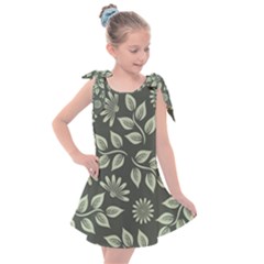 Flowers Pattern Spring Green Kids  Tie Up Tunic Dress by Pakrebo