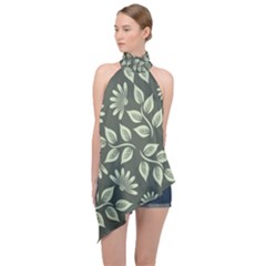 Flowers Pattern Spring Green Halter Asymmetric Satin Top by Pakrebo