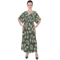 Flowers Pattern Spring Green V-neck Boho Style Maxi Dress