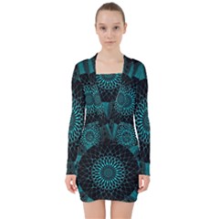 Ornament District Turquoise V-neck Bodycon Long Sleeve Dress by Pakrebo