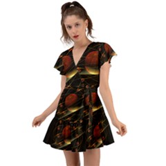 Fractal Digital Art Flutter Sleeve Wrap Dress by Pakrebo