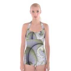 Graphic Fractal Eddy Curlicue Leaf Boyleg Halter Swimsuit  by Pakrebo