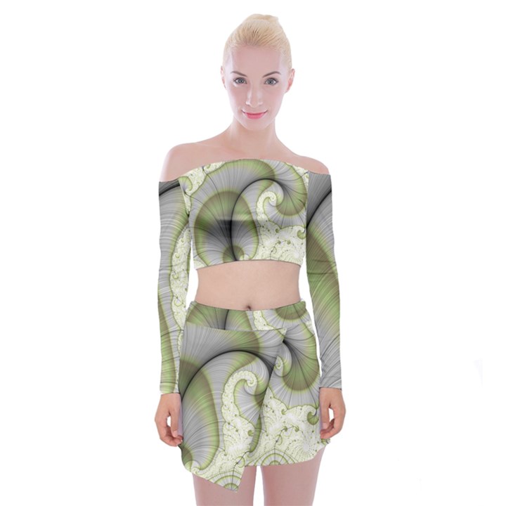 Graphic Fractal Eddy Curlicue Leaf Off Shoulder Top with Mini Skirt Set