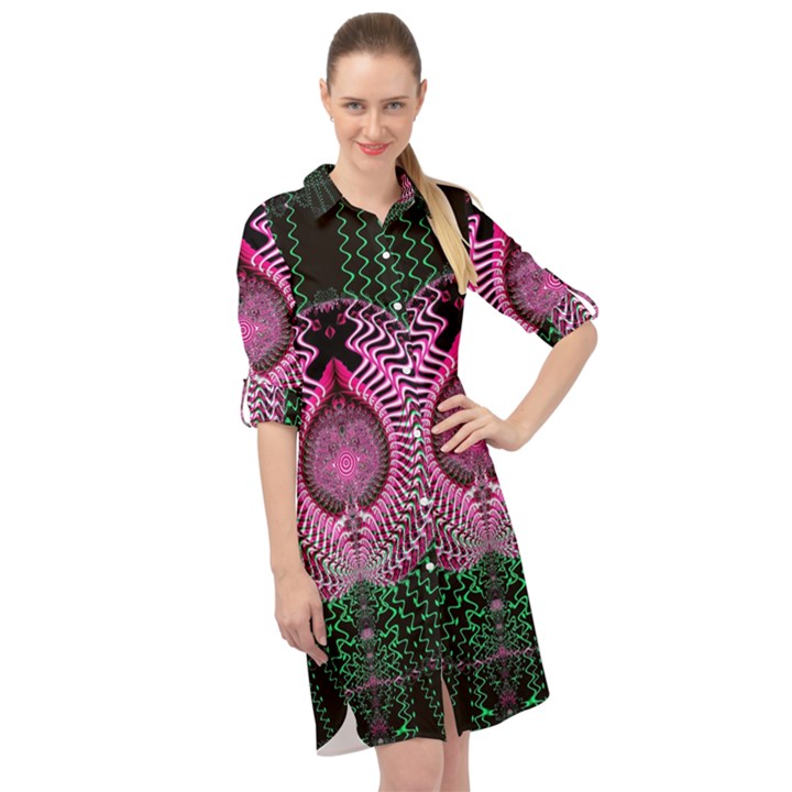 Fractal Traditional Fractal Hypnotic Long Sleeve Mini Shirt Dress